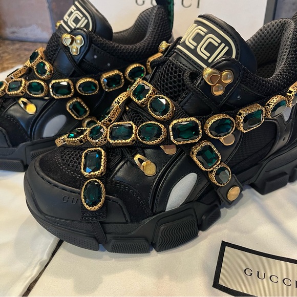 GUCCI Women's Flashtrek Crystals Black Emerald Sneakers - Picture 2 of 13